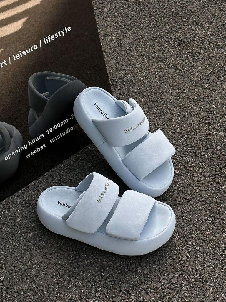 Sheepskin Version of One-word Slippers for Women's Summer Wear Velcro Thick-soled New Versatile Bread Cool Slippers