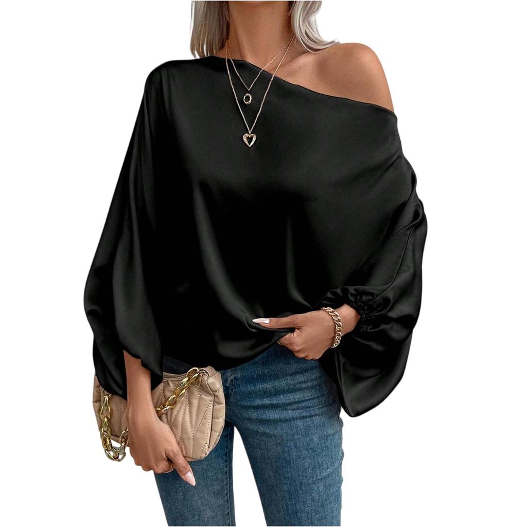 Blusa alla moda da donna con spalle scoperte, Top asimmetrico ampio