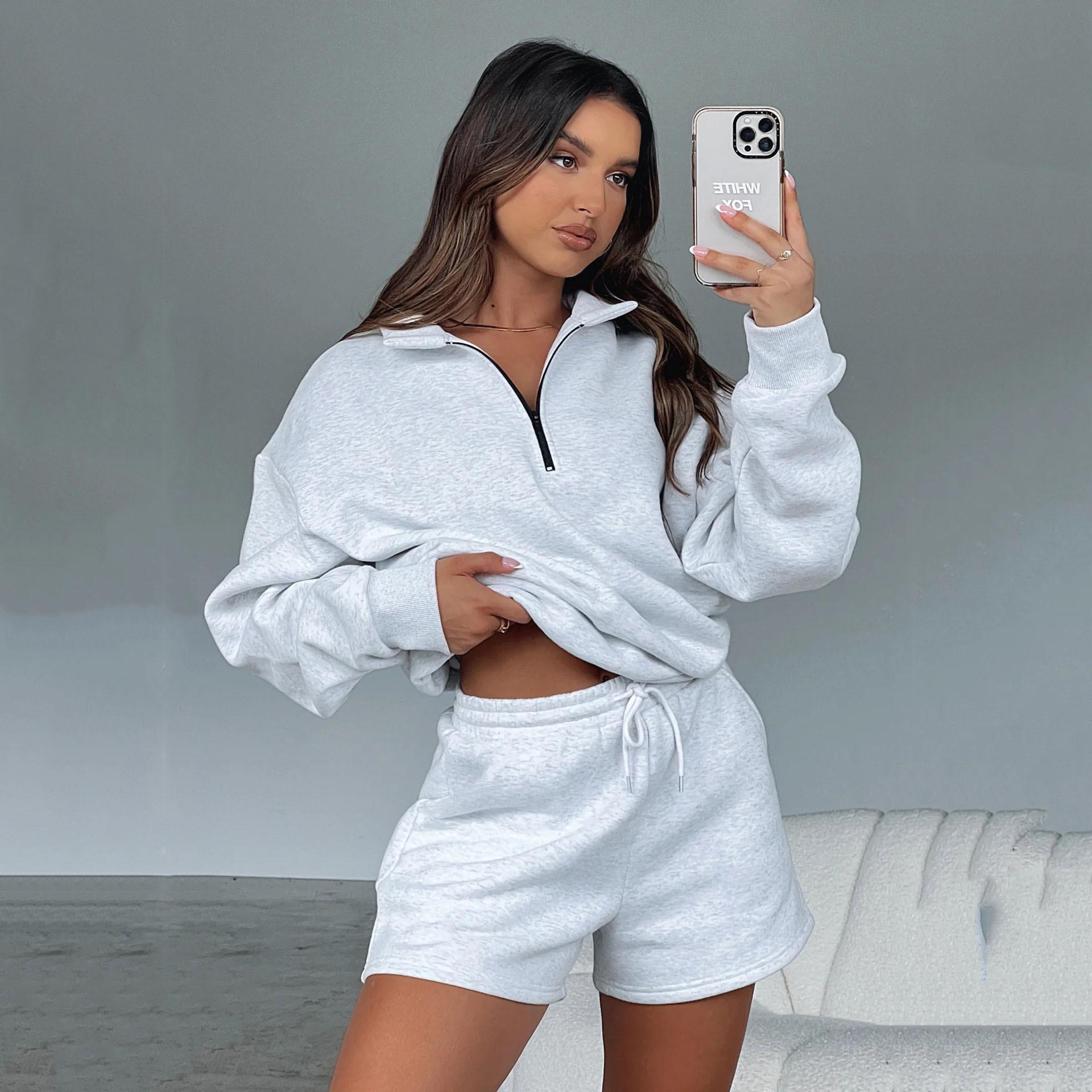 

Женский однотонный костюм с длинным рукавом и V-образным вырезом, свободный топ, широкие короткие брюки, осень-зима S светло-серый