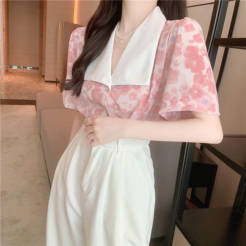 Design-sensual Niche Lapel Floral Chiffon Shirt Women Puff Sleeve French Top