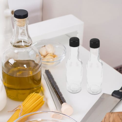 Luxshiny Clear Glass Quadra Bottles, 6-Piece Set, 150ml Thick-Walled, Empty Hot Sauce Bottles with Screw Caps, Honey, Salad Dressing Containers, Small