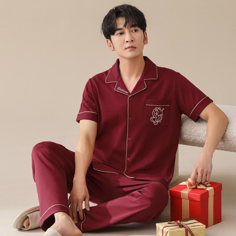 1011 Summer New Couple Pajamas Pure Cotton Red Natal Year Short-sleeved Trousers Set Wedding Men's and Women's Loungewear