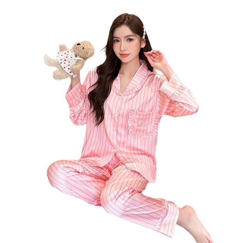 Ice Silk Women's Pajama Set - Striped Embroidery, Long Sleeve & Pants, High-end, Wear Indoors or Out