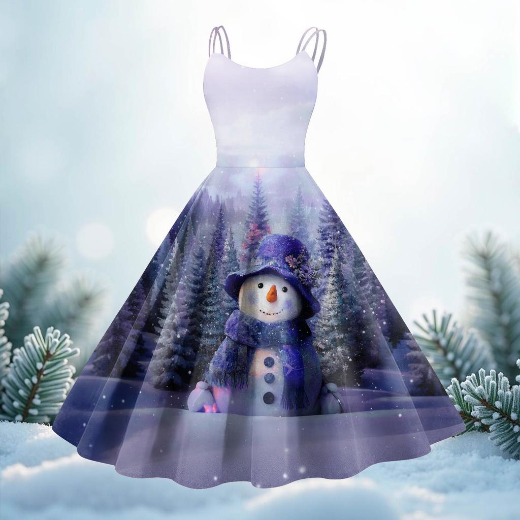 Women's Christmas Print Casual Fashion Round Neck Mid-Length Dress