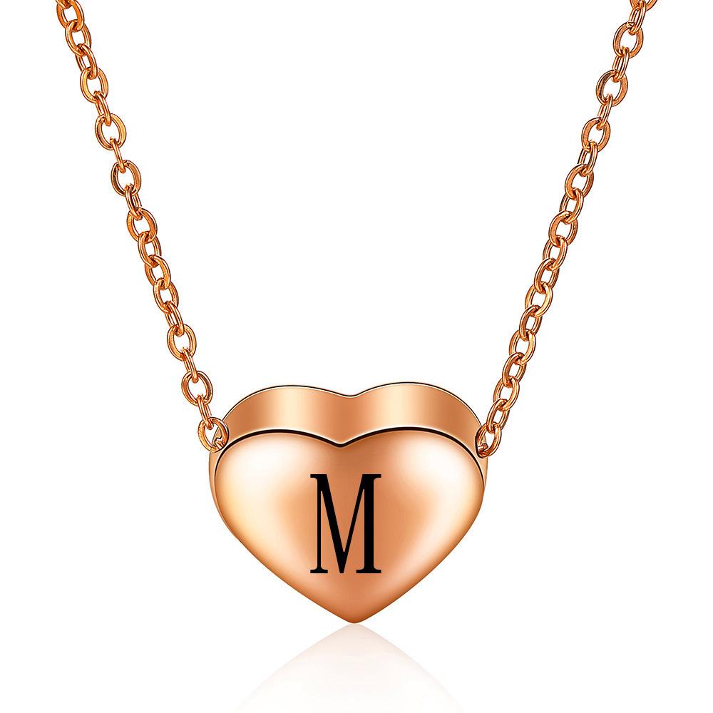 Stainless Steel Rose Gold Heart Necklace with Laser Engraved English Letters, 12MM