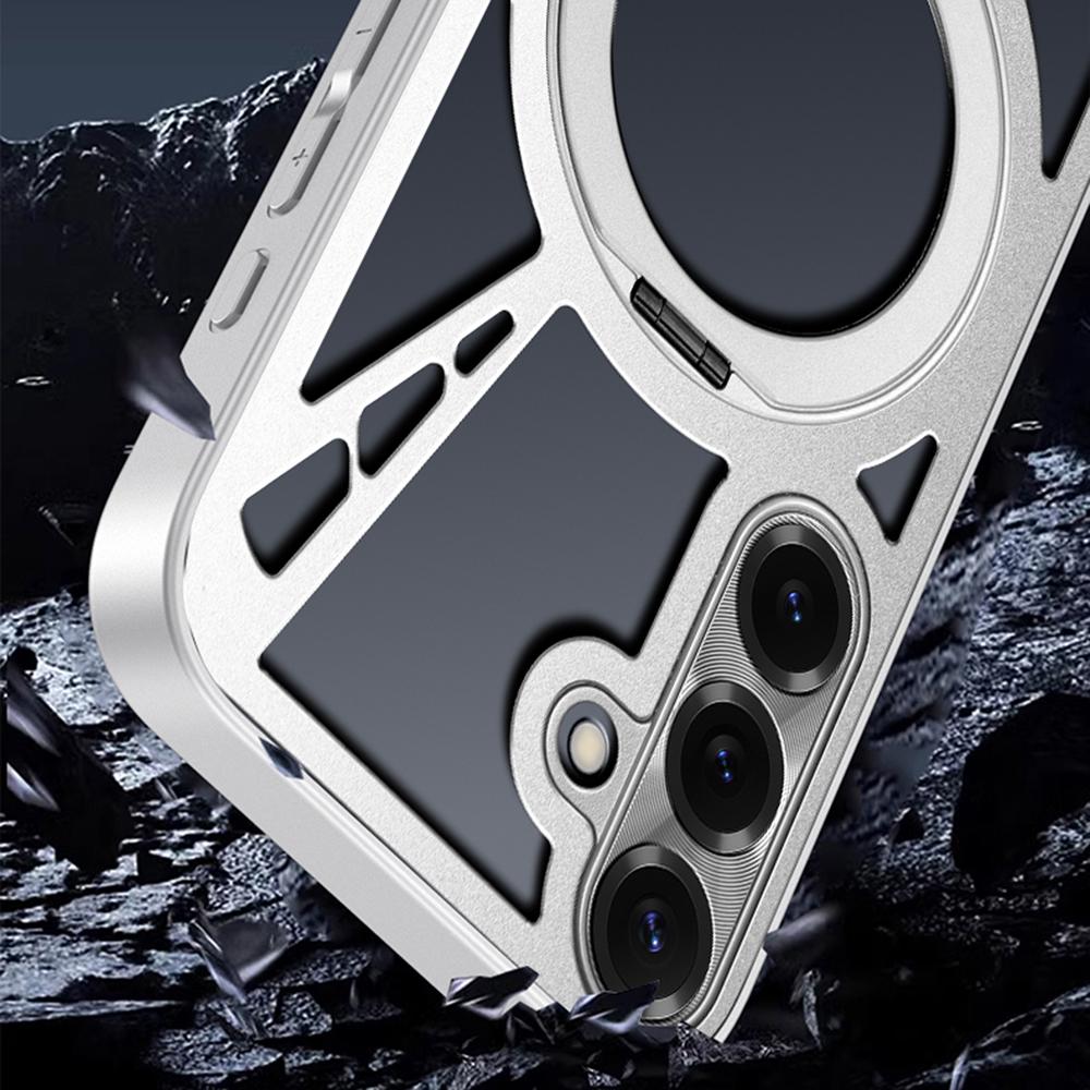 For Samsung Galaxy S24+ Case Magnetic Kickstand Hollow Heat Dissipation Silicone+PC+Metal Bumper Phone Cover