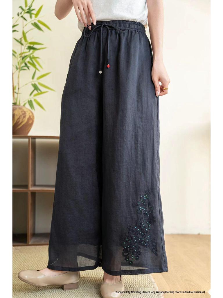 2026 Sommer Damen bestickte Leinen-Hose mit weitem Bein und Kordelzug