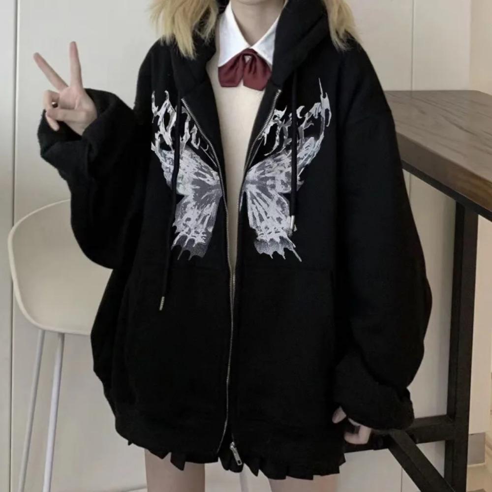 Gothic Style Aramid Hoodie Butterfly Zipper Sports Hoodie Full Sleeve Polyester Fiber Women's Fashion Casual Streetwear