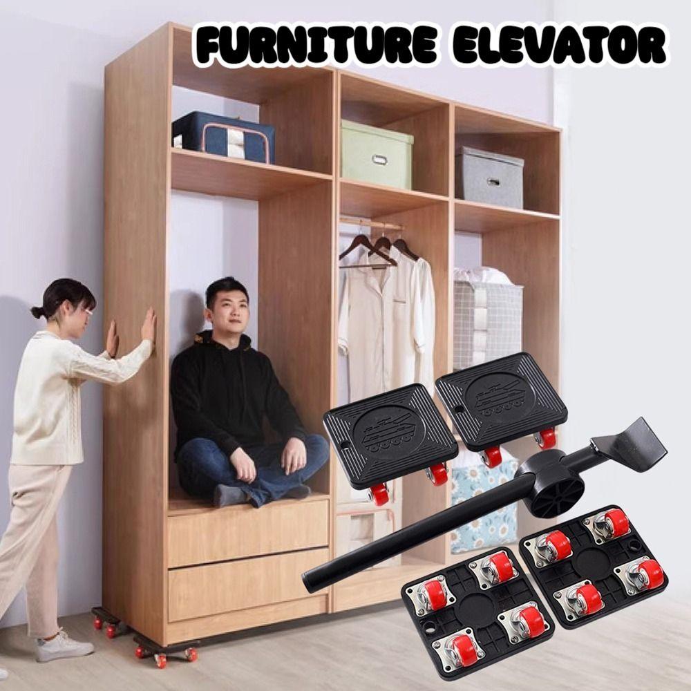 5Pcs 360° Wheels Furniture Lifter Set Straight/Bent Shank Moving Tool Set  Cabinet Moving