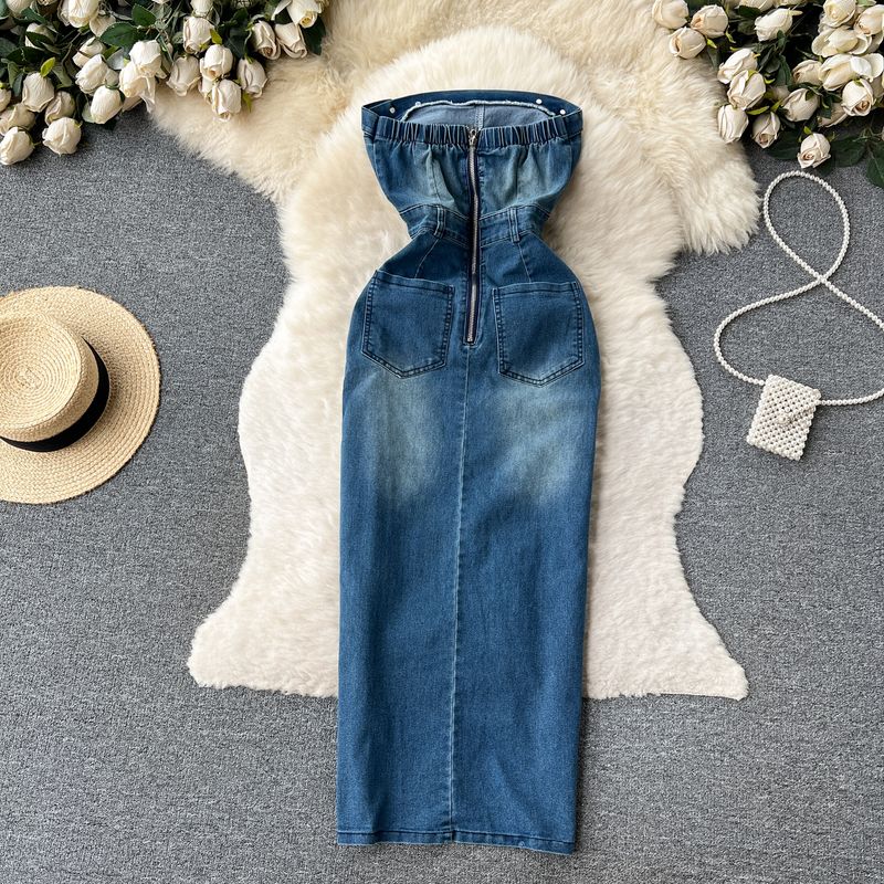 Denim Dress Sexy Slit Retro Style Tube Top