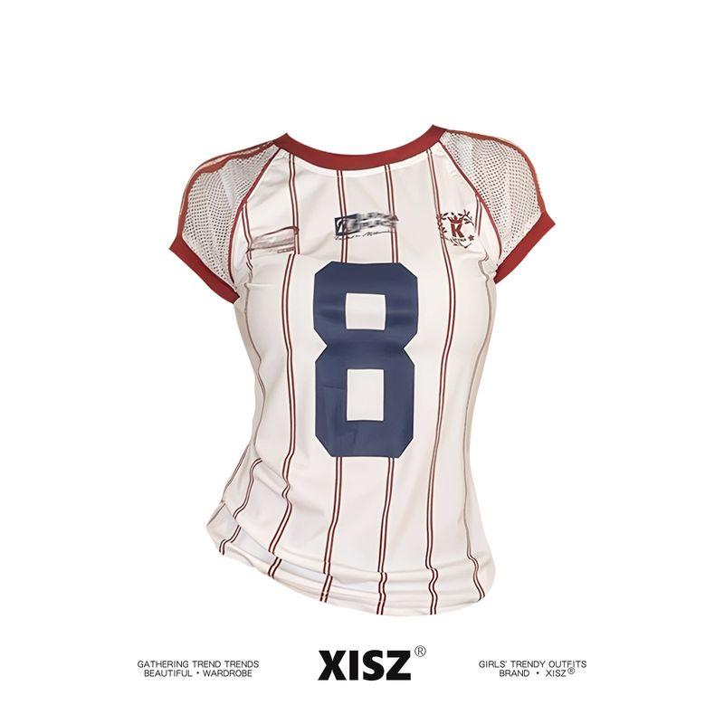 American Retro Contrasting Color Digital Printed Jersey T-Shirt for Women, Summer Sexy Style, Cool Mesh Stripesd Short-Sleeved Top