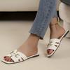 Summer New Outer Wear Metal Buckle Square Head Flat Bottom Slippers Women's Sandals European and American Large Size Slippers Women
