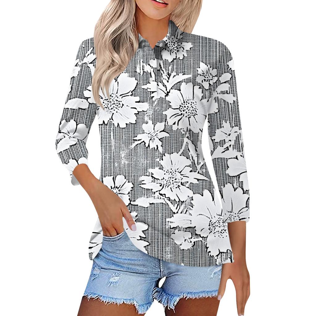 Women's Fashion Casual Button 3/4 Sleeve Vintage Floral Print Lapel Top