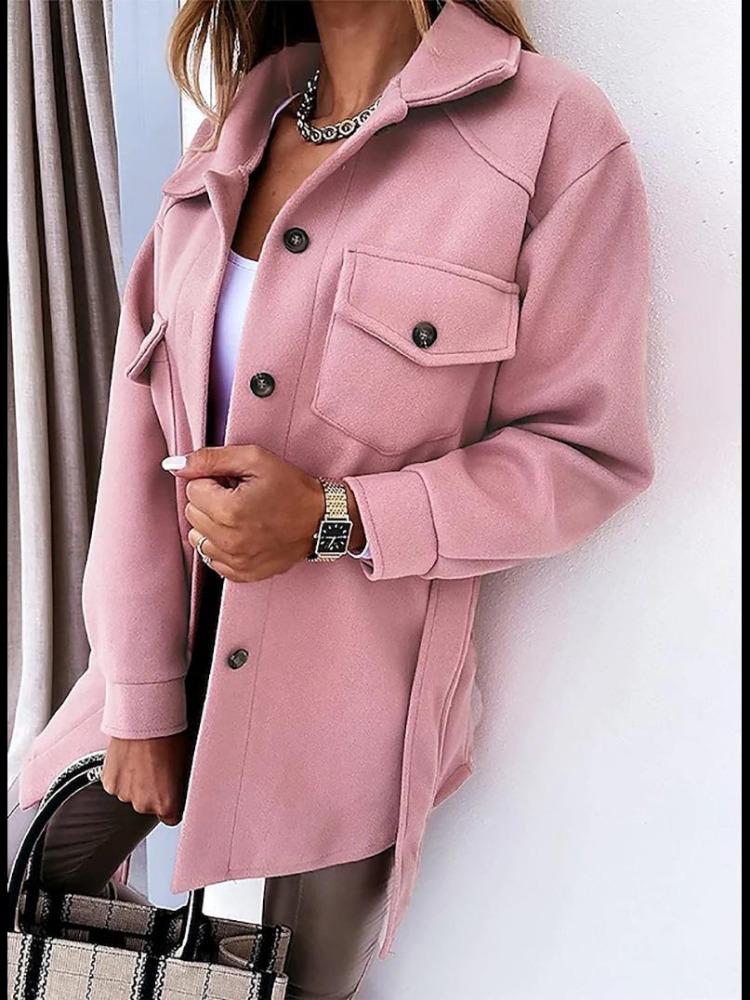 Women Winter Wool Coat with Lace Trim Long Sleeve Solid Color Autumn Fashion