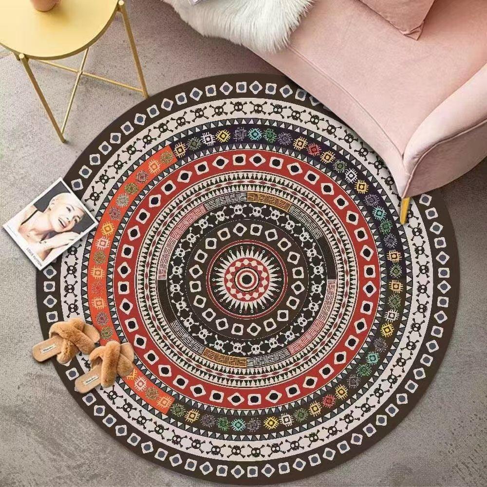Flower Print Round Carpet Colorful Geometric Design Vintage Decor Mat Boho Ethnic Decor Non-Slip Rug for Living Room Bedroom