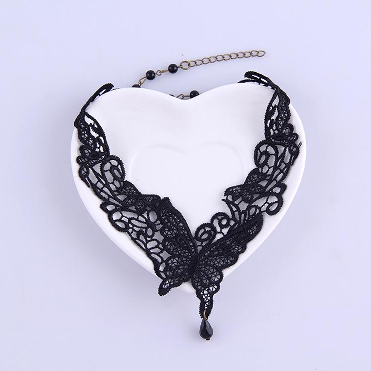 Korean Fashion Black Lace Butterfly Necklace with Gemstones – Vintage Court Teardrop Choker