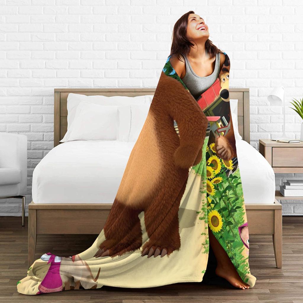 Coperta Morbida Calda Decorativa Cartone Animato M-Masha E Orso Coperte da Letto Copriletto in Flanella per Esterno Divertente Copri Divano Letto