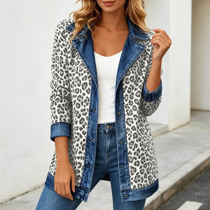 Damen Leopardenmuster Denimjacke Langarm Lockerer Schnitt Lässig Offene Vorderseite Hemdkragen Streetwear Mantel