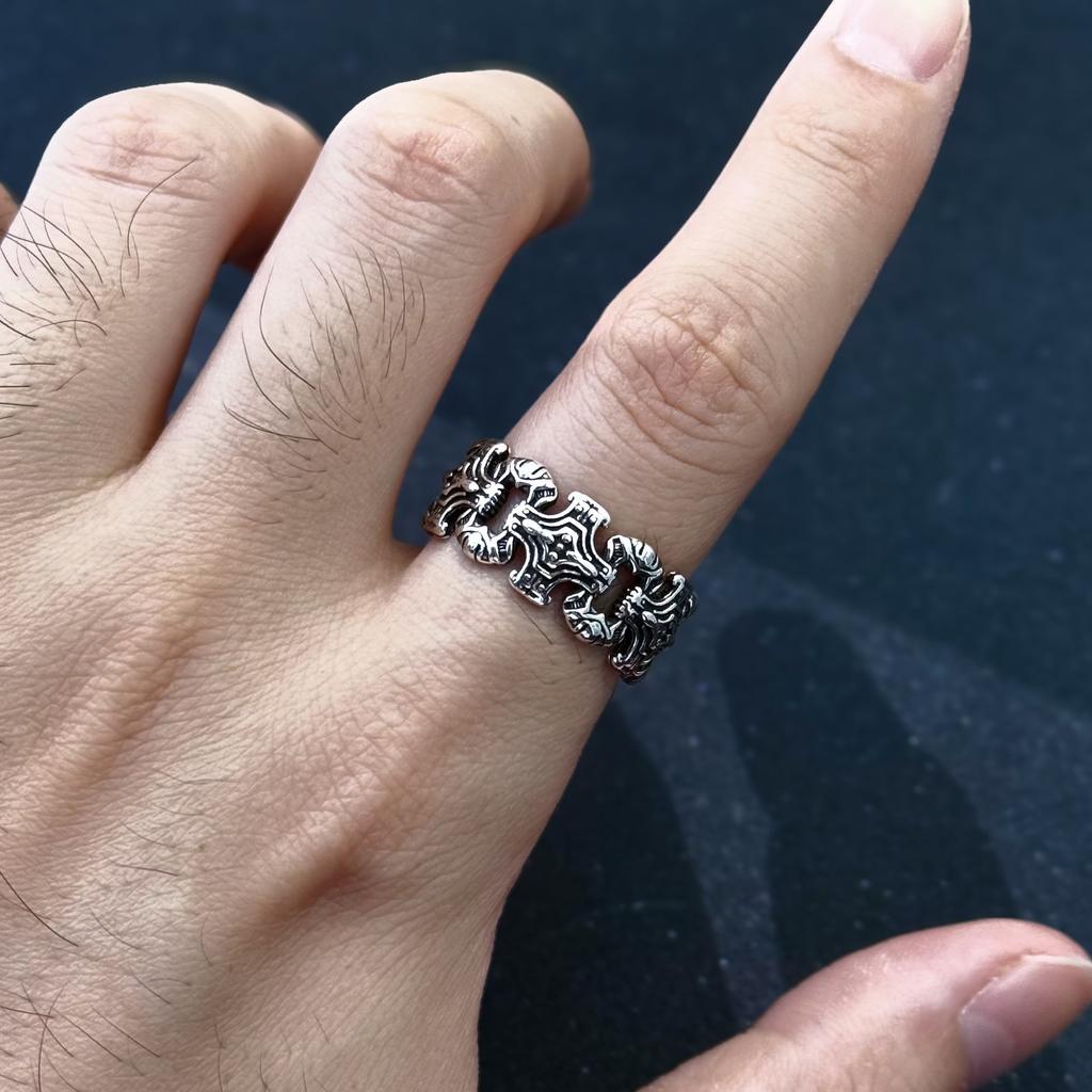 Retro Chained Crosses Adjustable Open Ring For Men Silver-plated Copper Gothic Punk Edgy  Christian Accessories Cool Gift