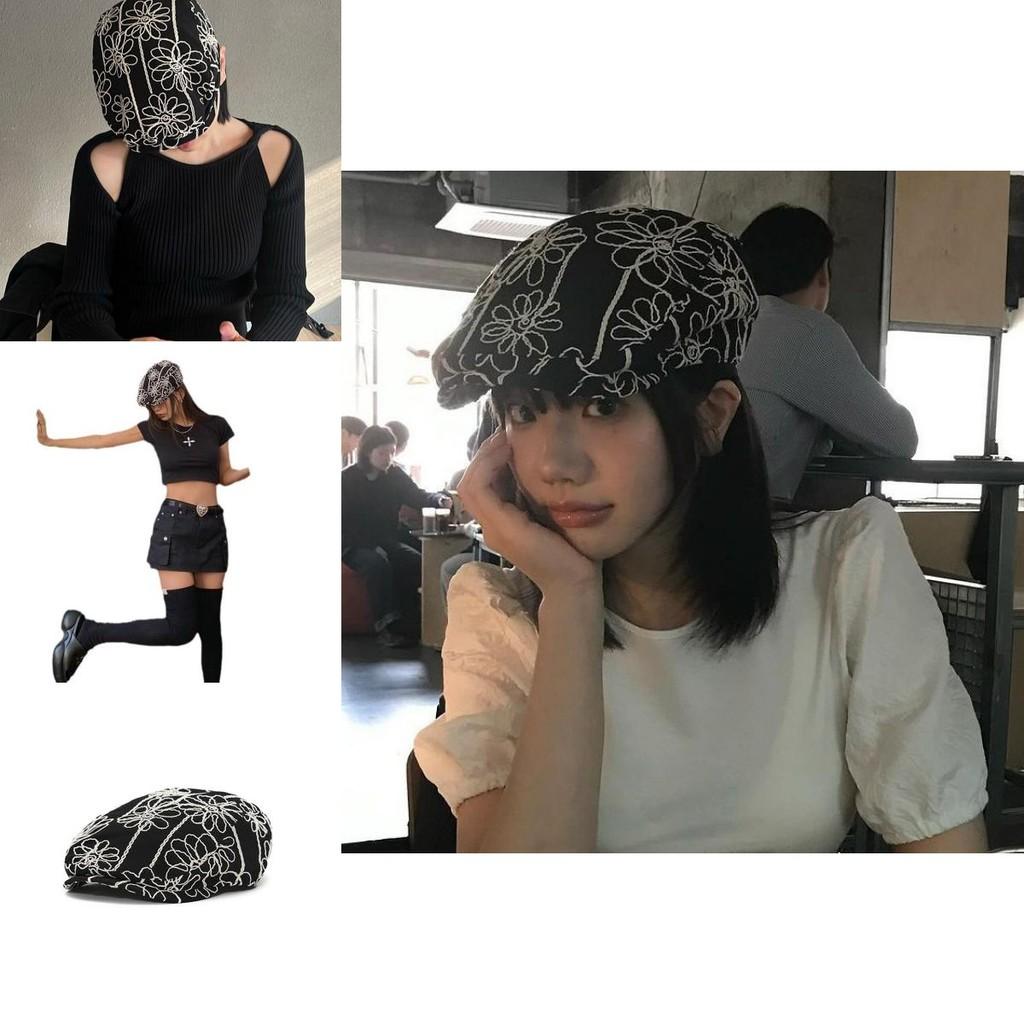 Elegant Spring And All-season Floral Embroidered Black Beret Hat