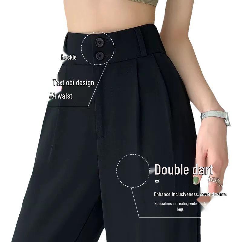 Dámské letní kalhoty s vysokým pasem, černé, se širokými nohavicemi, 2024, slim fit s splývavým efektem