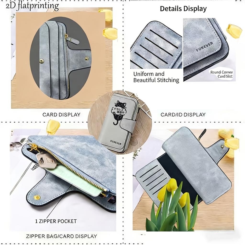 The black stripe cat pattern women's long wallet, multi-function portable snap wallet, is the perfect birthday gift for cat lovers.