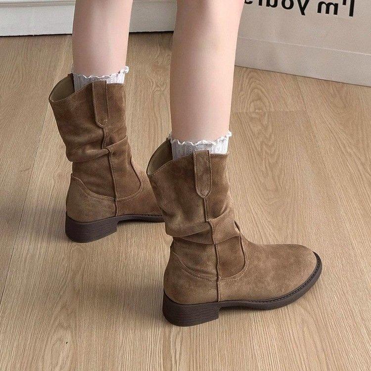 2026 autumn new French platform stacking boots medium boots women's shoes thick heel folds with skirt short Martin boots