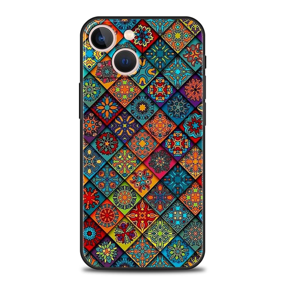 Mandala flower totem Luxury Phone Case For iPhone 13 15 14 12 11 Pro MAX XR X SE XS 7 8 Plus Silicone Black Protection Cover