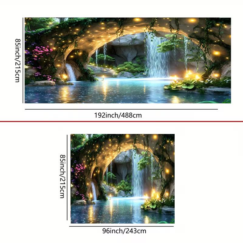 2D Fantasy Cave Waterfall Garage Door Tapestry Enchanted Forest Background Cloth