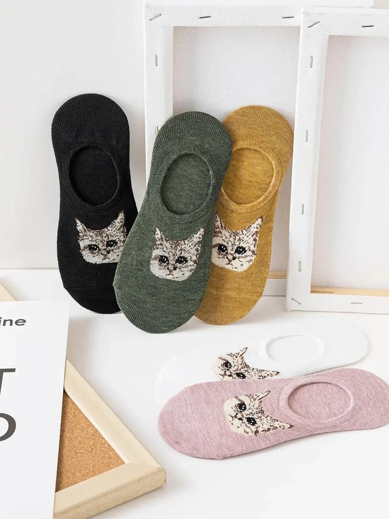 5 Pairs Cat Pattern Dark Floral Socks - Concealed Low-Profile, Slip-Resistant Heel, Charming Kitty for Year-Round Wear