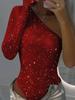 Spring and Summer Hot Girl Sexy One Shoulder Tight Rhinestone Sequin Top