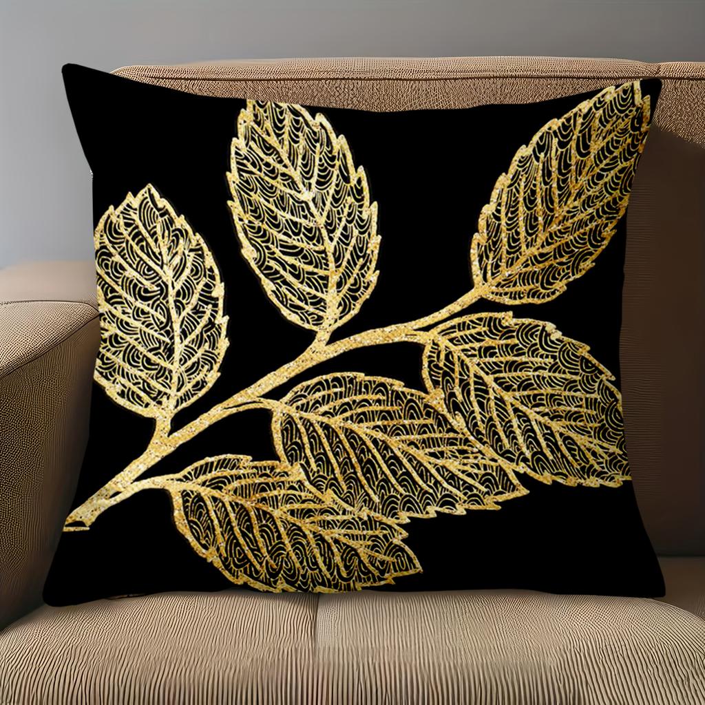1 Stück - 2D Flachdruck Schwarze Kissen mit goldenem Blattmuster Polyester Kissenbezug Sofa Dekokissenbezug
