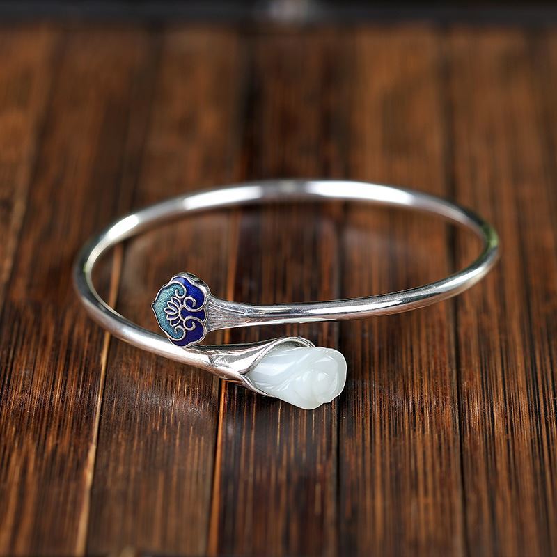 Original Retro Cloisonne Ruyi Auspicious Magnolia Temperament Female Burning Blue Enamel Bracelet Plated with 925 Silver Bracelet