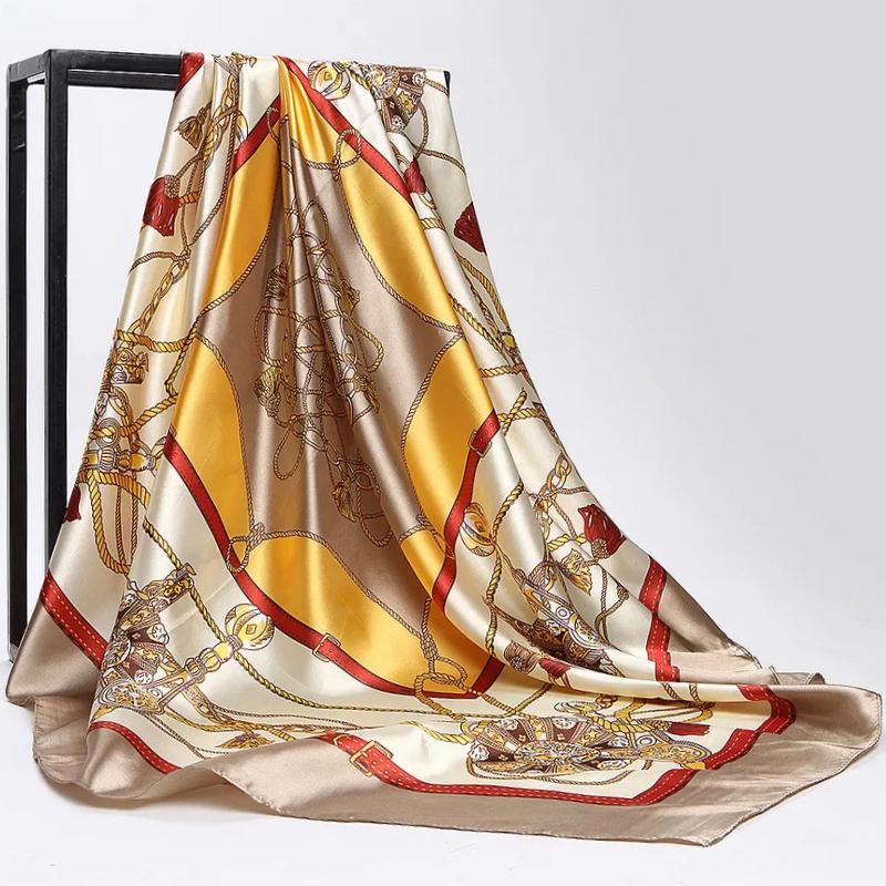 Fashion Scarves For Women Print Silk Satin Head Scarf Female 90cmx90cm Luxury Brand Square Shawl Large Hijab Scarfs For Ladies