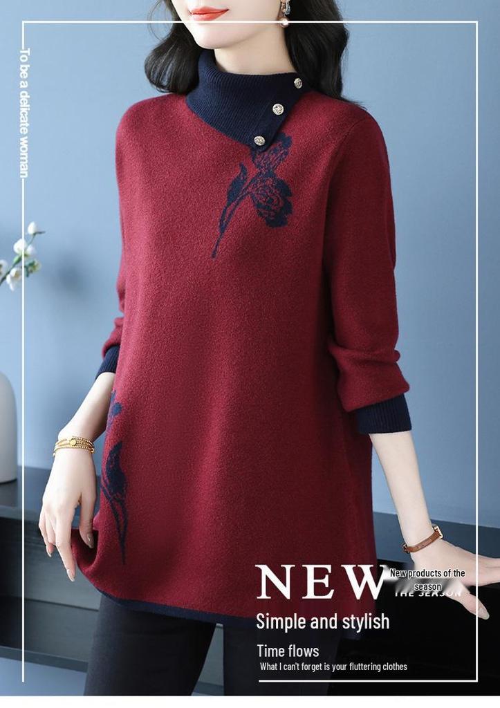 Stylish Color Block Knit Sweater: Plus Size Half-High Collar Top for Women