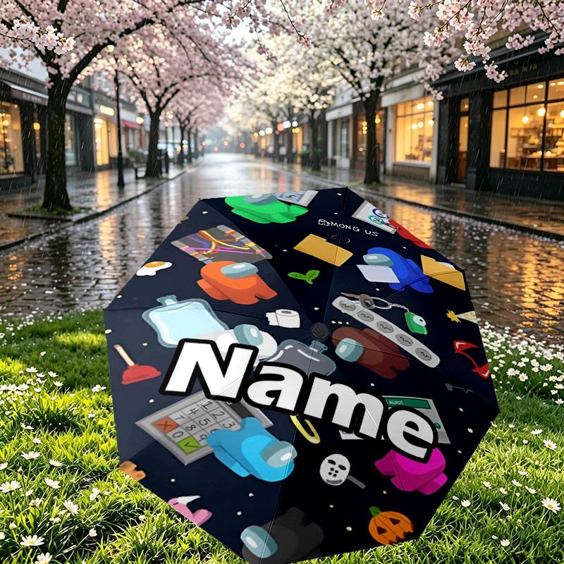 Custom Name Personalized Among Us Print Umbrella, Auto Open Close, 8‑Rib Sturdy Frame, Commute Camping Hiking Use, Birthday Gift