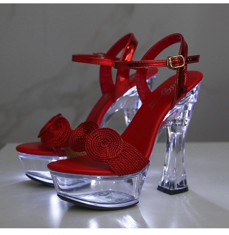 LED-beleuchtete Sandalen für Damen, transparenter Absatz, 14 cm hoher, leuchtender, schräger Absatz, rutschfeste, dicke Sohle, sexy Sandalen LFD-10365-A73