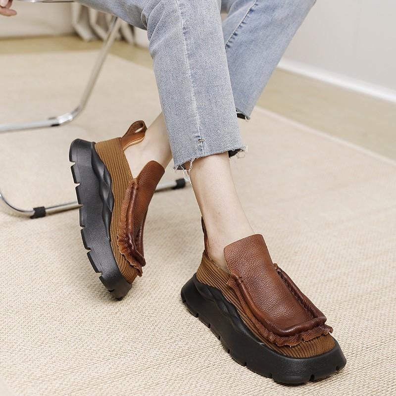 Johnature Vintage Flat Platform Shoes Women Handmade Round Toe Solid Color Comfortable Thick Sole Slip-on Shoes