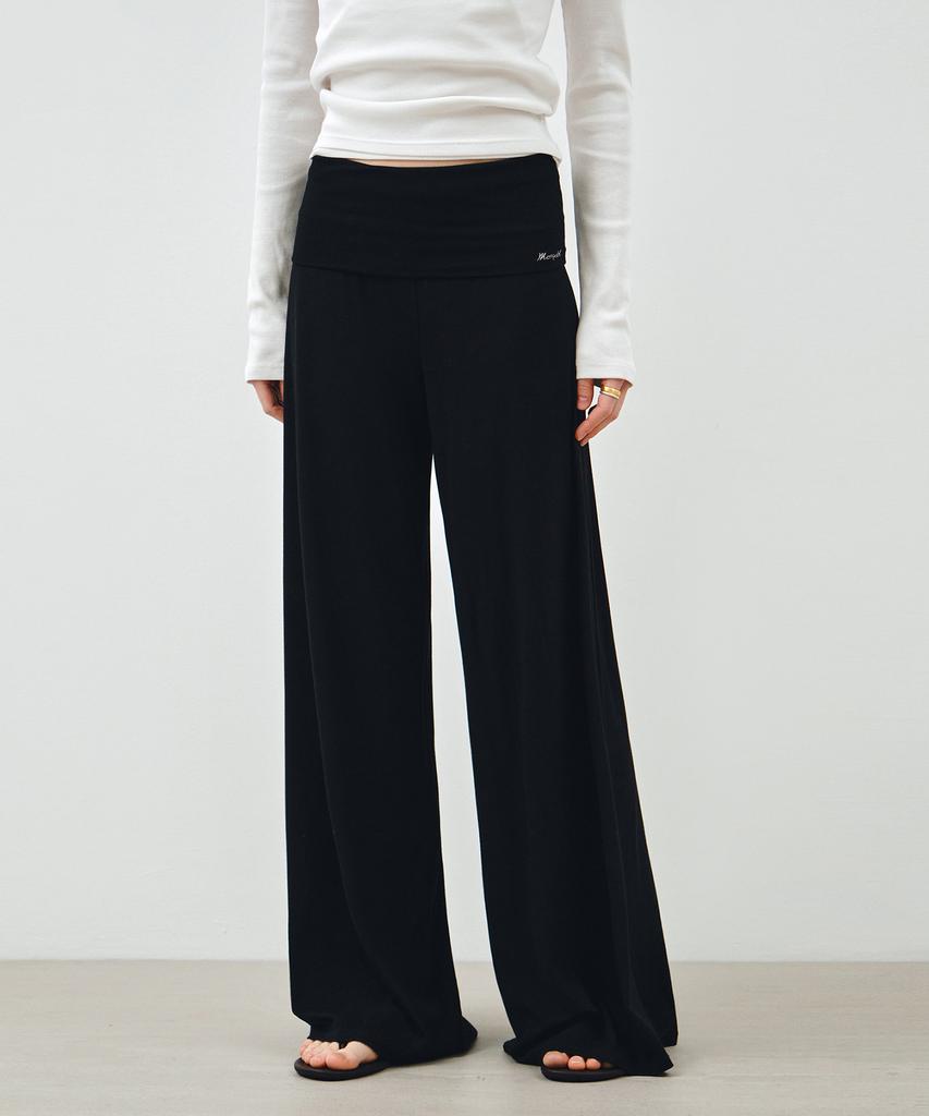 Mongdol Foldable Elastic Waist Wide Pants Black Mdpt083Black