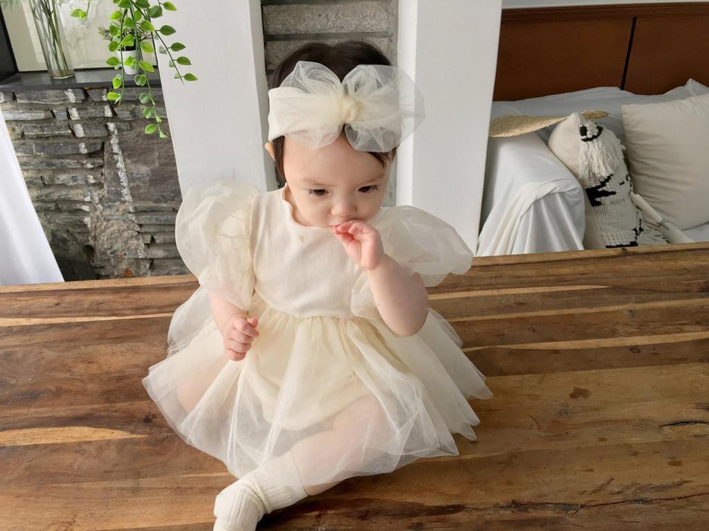 Baby Einteiler Halber Geburtstag Schreinbesuch Kleid Mädchen Festkleid Tüll Haarband Baby Hochzeit 1 Jahr 100 Tage [germeyshop] (Rosa, 80cm)