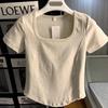 Special Offer Human Cotton Summer New Square Collar Shoulder Short-sleeved T-shirt Solid Color Slim-fitting and Thin Short Bottoming Top