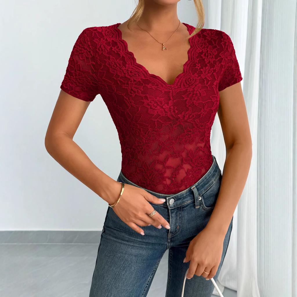 Elegant Women'S Red Lace V-Neck Short Sleeve Top Stretchy Form-Fitting Perfect for Spring & Summer Casual Wear Floral Print Top