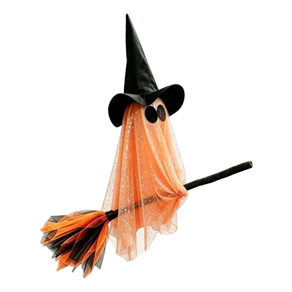 Halloween Hanging Witch Decoration with Tulle Flying Broomstick for Home Decor