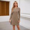 2024 Women's Casual Long Sleeve Slit Hem Dress with Round Neck