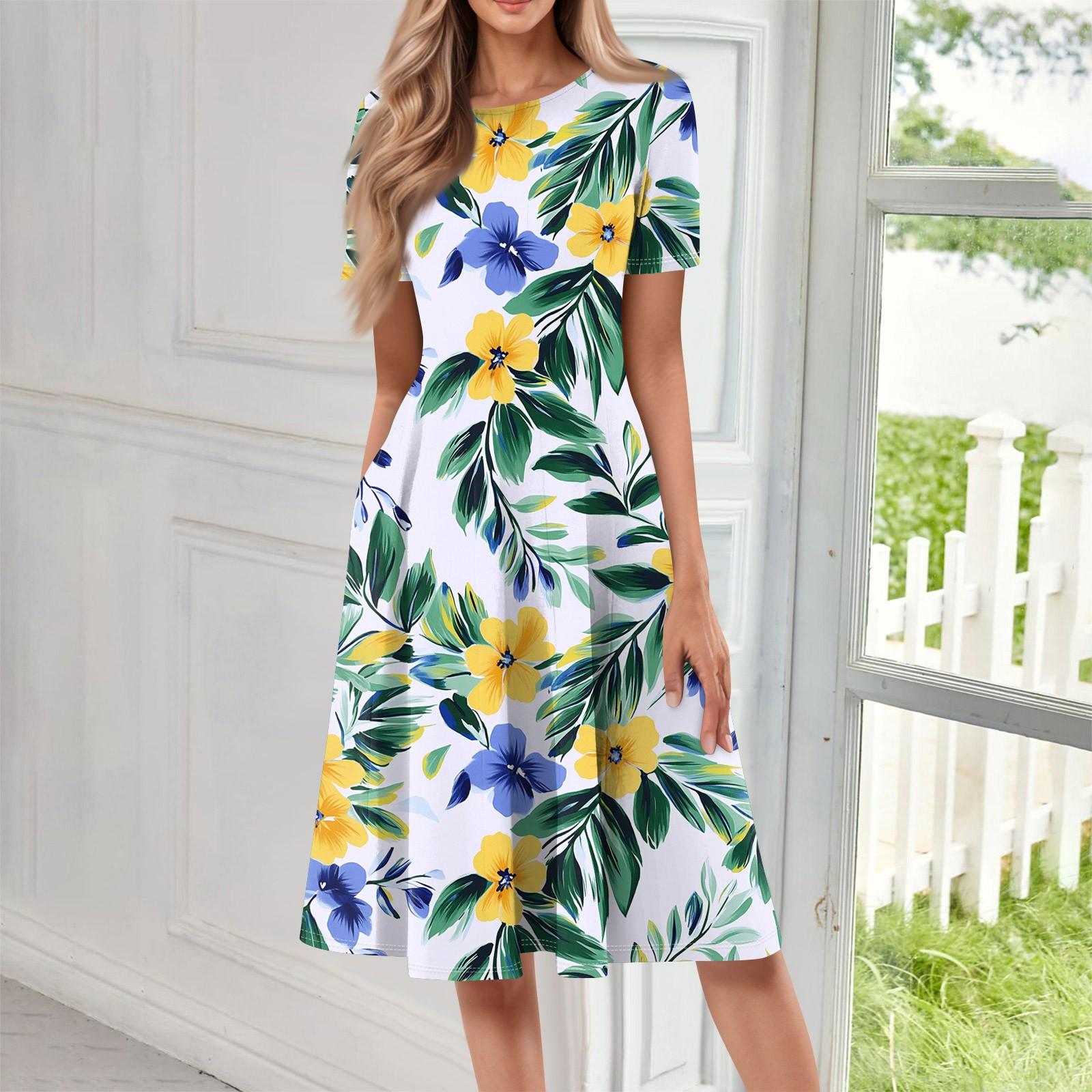 

Женское свободное повседневное и модное платье с круглым вырезом и короткими рукавами, средней длины с принтом XL