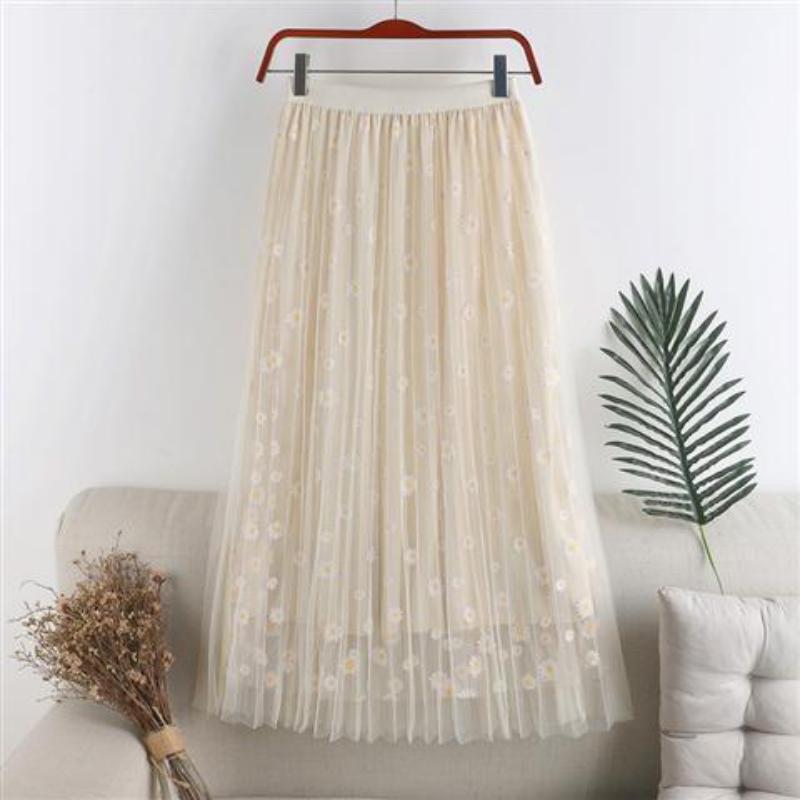 Dames Mesh Rok Kleine Daisy Bloemen Hoge Taille Dunne A-lijn Rok Middellange Plooirok Print Decoratie 2XL abrikoos