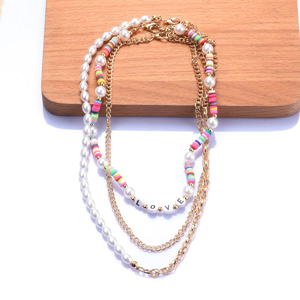 Multi-Layer Colored Rice Beads Bohemian Geometric Pearls Fashion Temperament Versatile Necklace Women