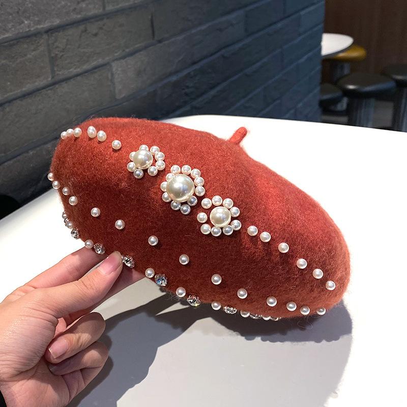 Autumn And Winter Wool, Pearl, Rhinestone, Beret, Female Korean Version, Japanese Trendy And Fashionable Painter Hat