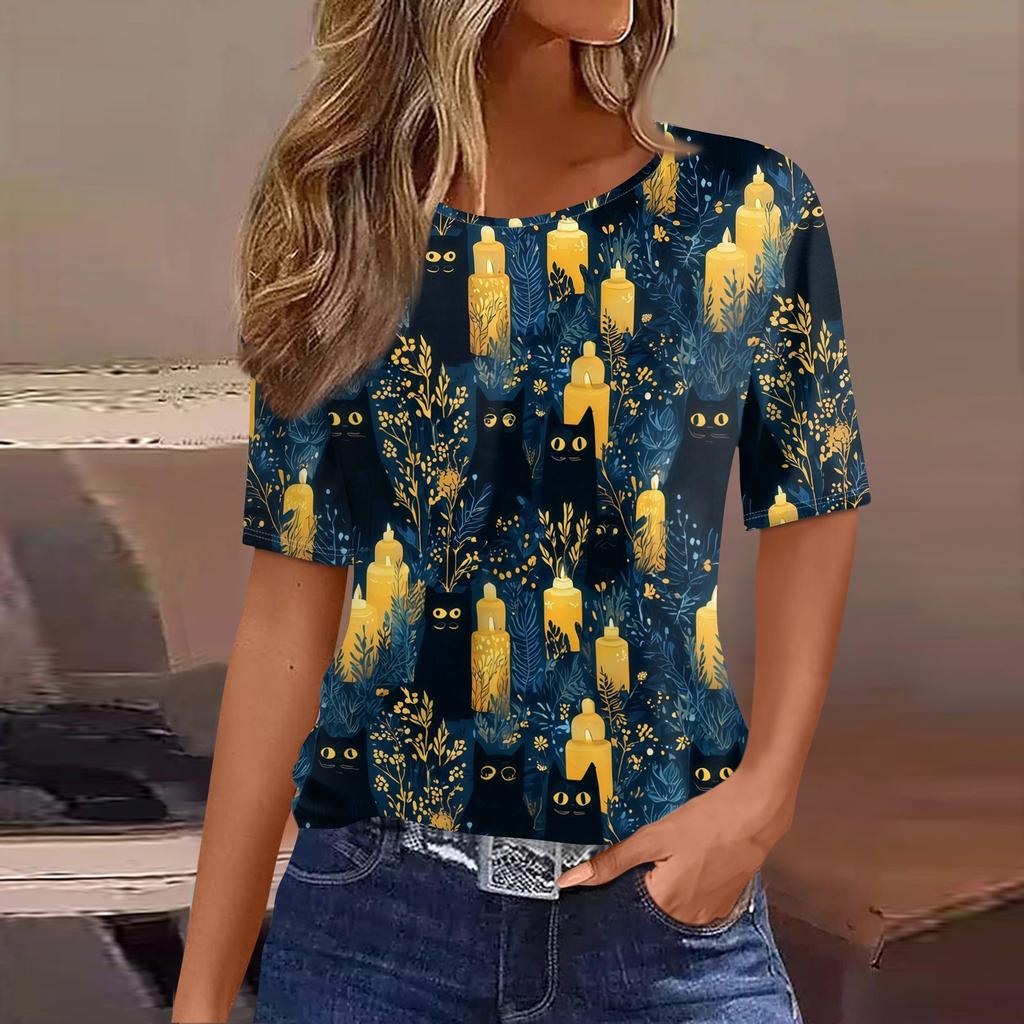 Women's Casual Halloween Short Sleeve Pullover Top Bat Pumpkin Print Round Neck Relaxed Fit Shirt for Fall