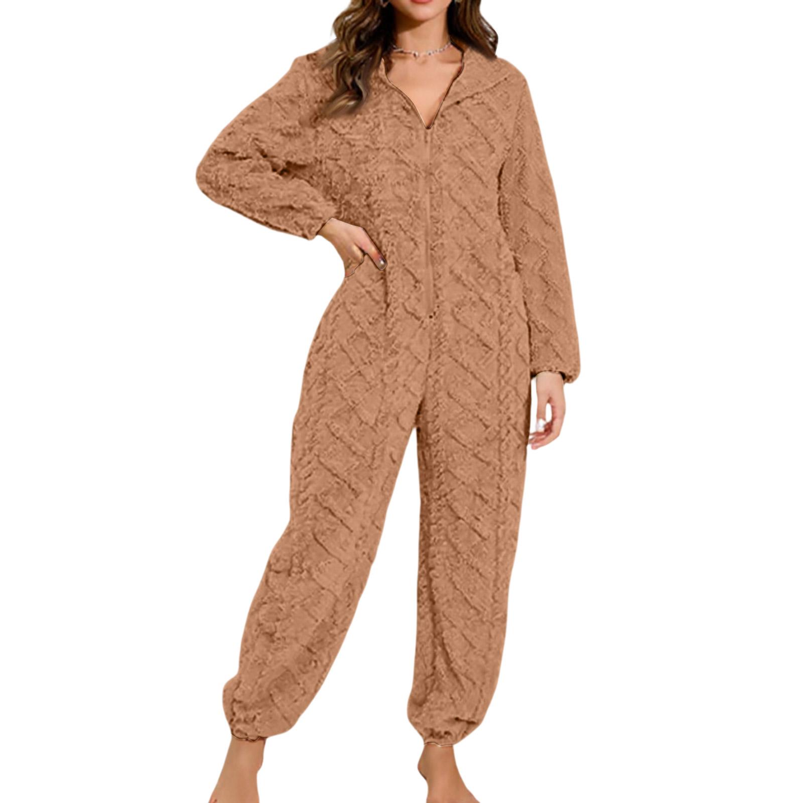 

Женская мода Однотонная плюшевая домашняя одежда Повседневный комбинезон с капюшоном на молнии и длинными рукавами Пижама L коричневый